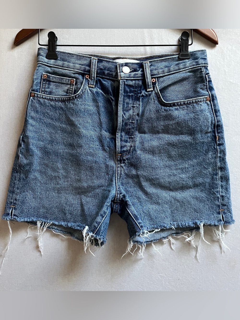 Denim Forum Aritzia The Yoko Mid Thigh Cutoff Shorts High Rise Sz 26